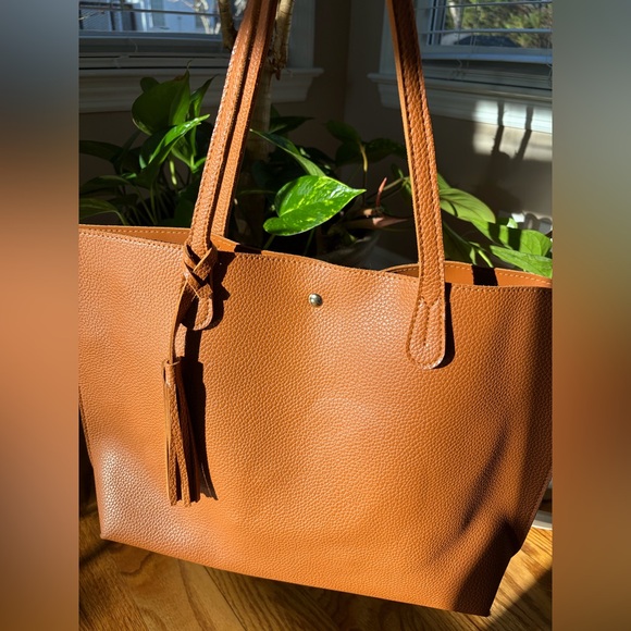 Hoxis Handbags - Hoxis Minimalist Clean Cut Tote Camel Color ShoulderHandbag Pebbled Faux Leather